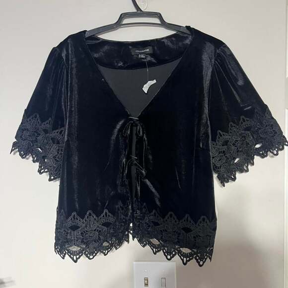 Calligraphie Black Velvet Lace Front Tie Top V-Neck Short Sleeve Blouse Size L - Picture 3 of 6